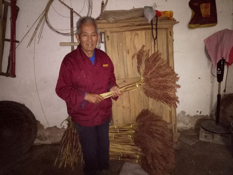 满满的回忆：山村大爷用高粱穗扎扫帚 15元一把供不应求