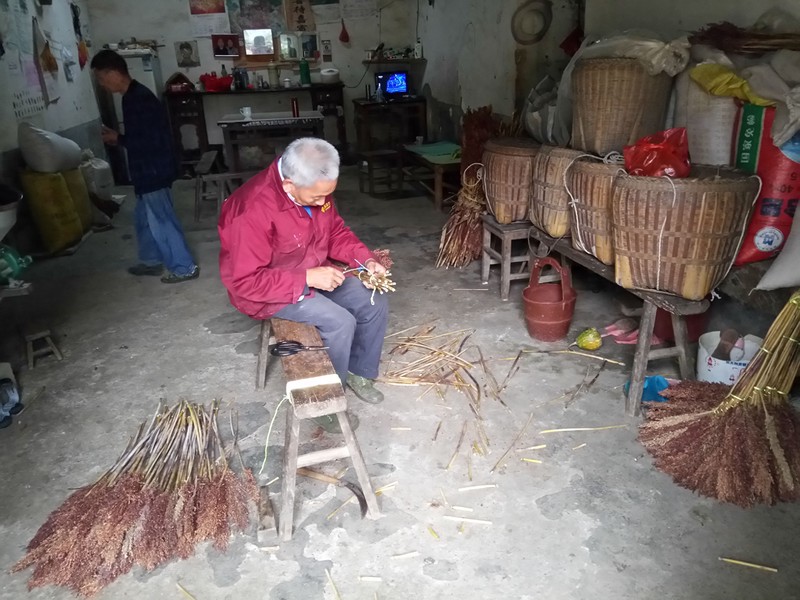 满满的回忆：山村大爷用高粱穗扎扫帚 15元一把供不应求
