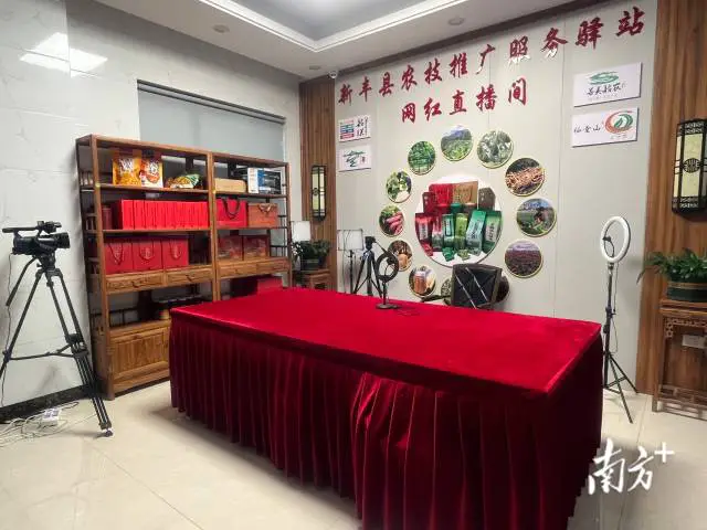 新丰县农技驿站的网红直播间内设备齐全，未来将组建电商团队开展直播带货活动。