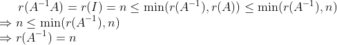 r(A^{-1}A)=r(I) = n \leq \min(r(A^{-1}),r(A))\leq \min(r(A^{-1}),n)\\ \Rightarrow n \leq \min(r(A^{-1}),n) \\ \Rightarrow r(A^{-1}) = n